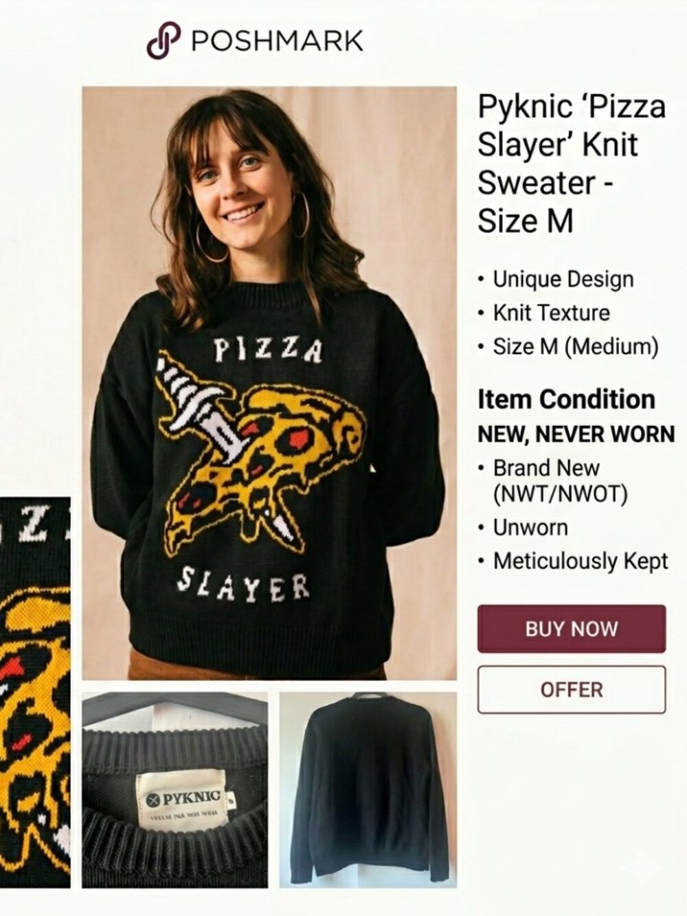 Pynkic Pizza Slayer Knit Sweater Black Orange Unisex Size M Novelty